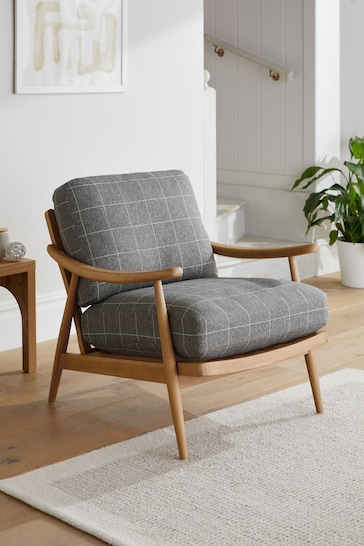 Tweedy Check Lawson Mid Grey, Oak Effect Frame Hampton Wooden Accent Chair
