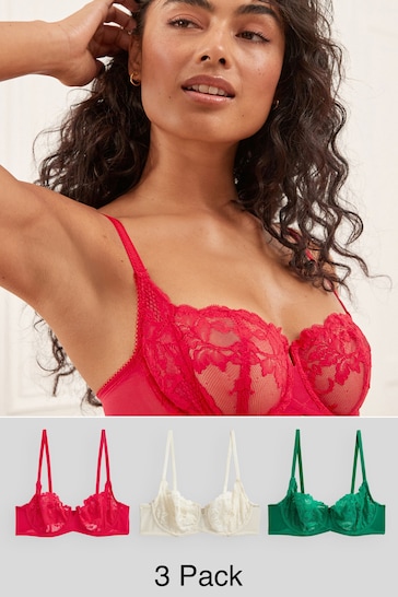 Red/Green/Cream Non Pad Balcony Lace Bras 3 Pack