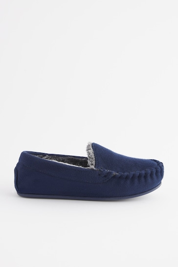 Navy Blue Faux Fur Lined Moccasin Slippers