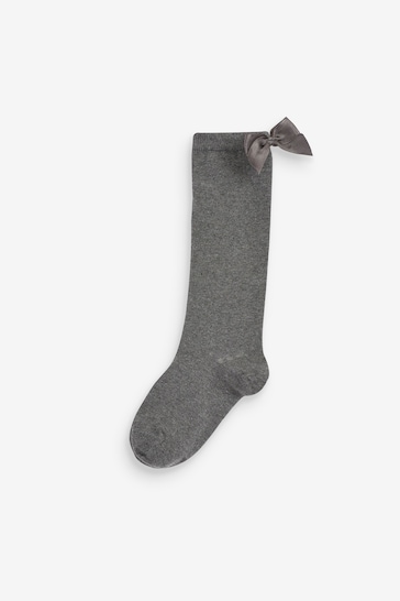 Grey Cotton Rich Bow Knee High School Socks 2 Pack