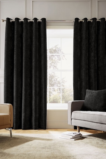 Hyperion Black Selene Luxury Chenille Weighted Thermal Lined Eyelet Curtains