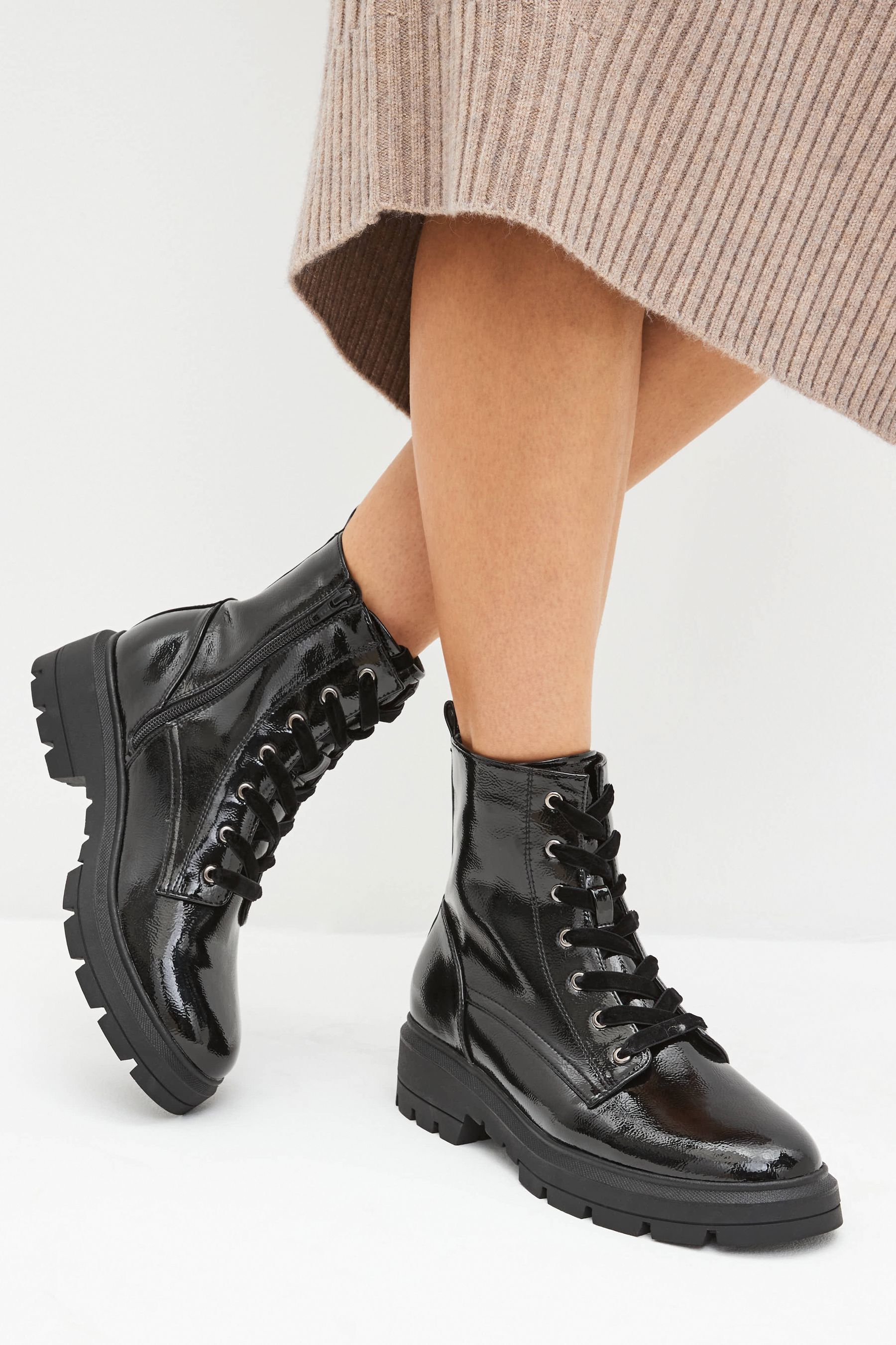 Black lace shop up patent boots