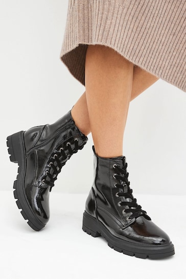 Black Textured Patent Regular/Wide Fit Forever Comfort® Lace-Up Boots