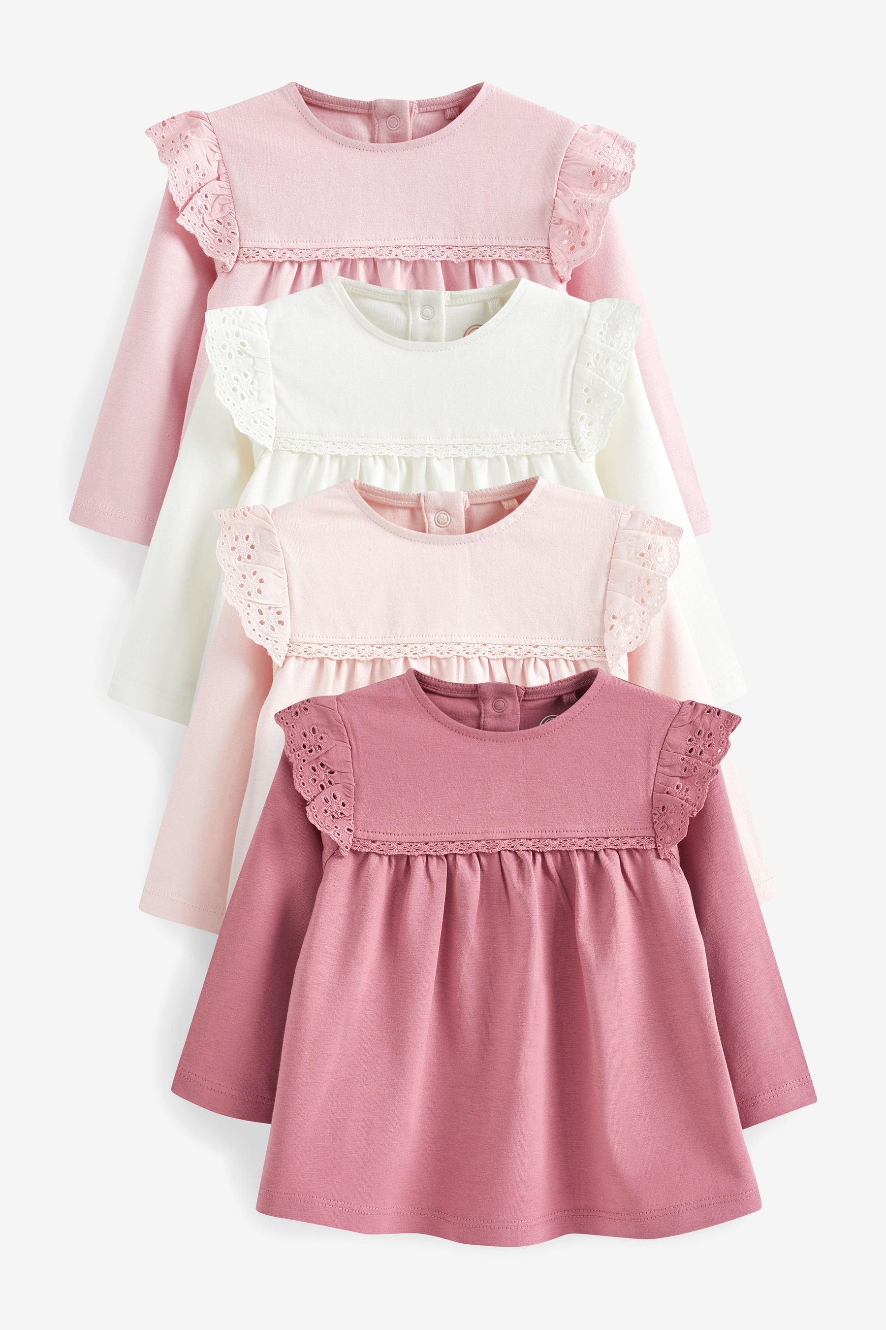 Buy Pink White Broderie Baby Long Sleeve Tops 4 Pack from the Next