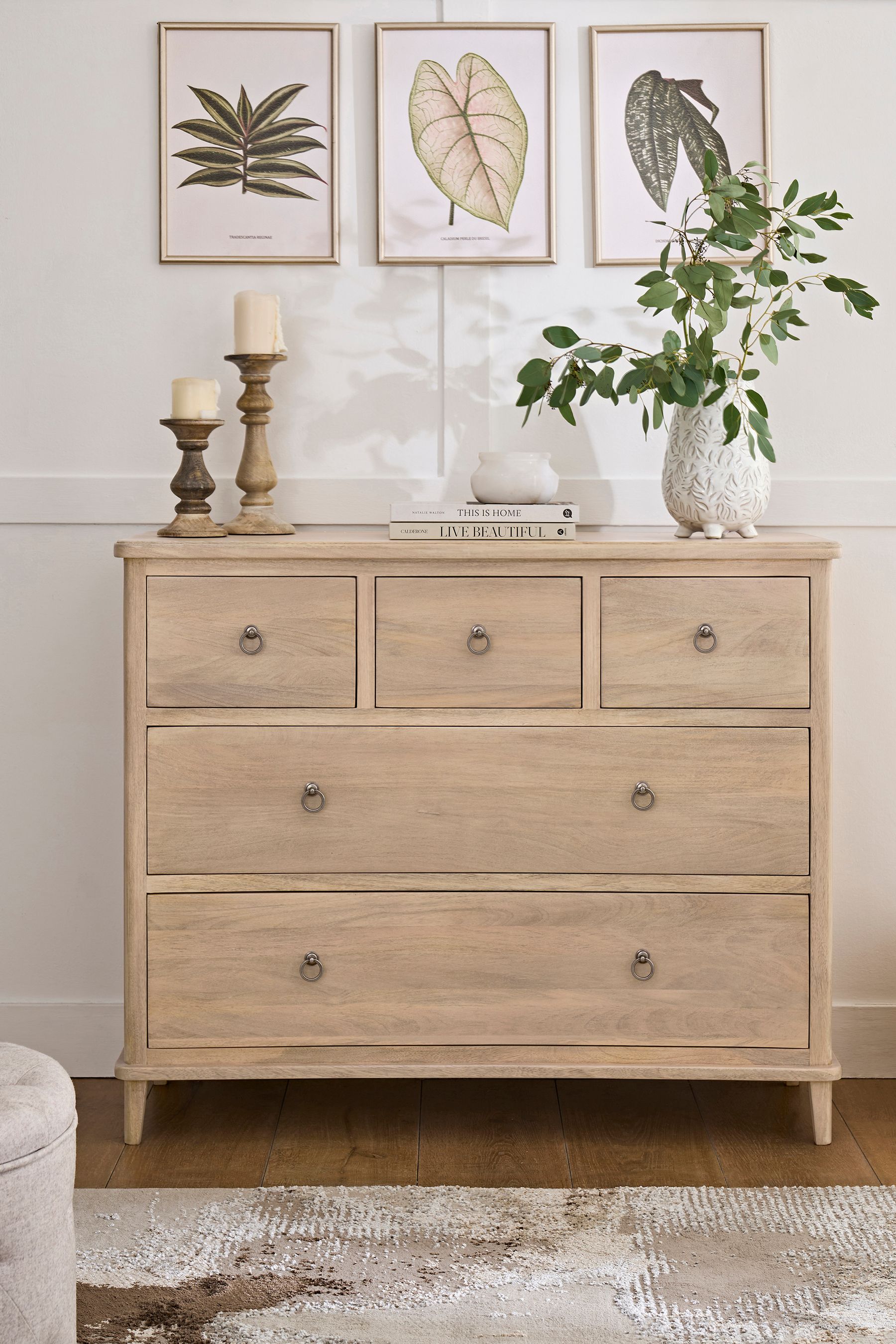 Light Natural Sadie Mango Wood 5 Drawer Chest of Drawers