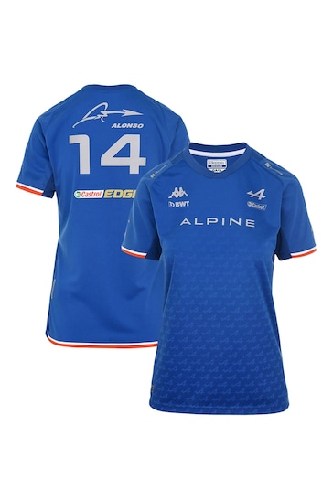 Fanatics Womens Blue BWT Alpine F1 Team Fernando Alonso 2022 Driver T-Shirt Womens