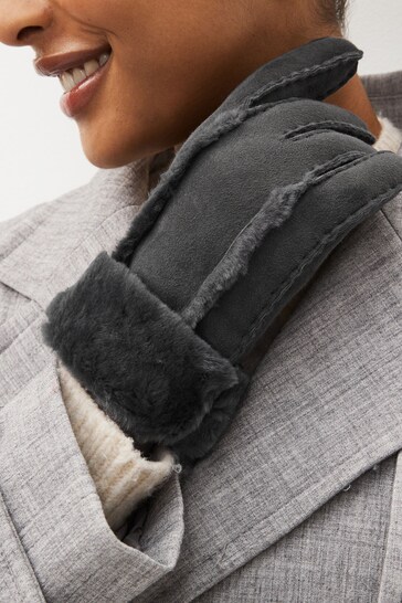 Grey Leather Sheepskin Gloves