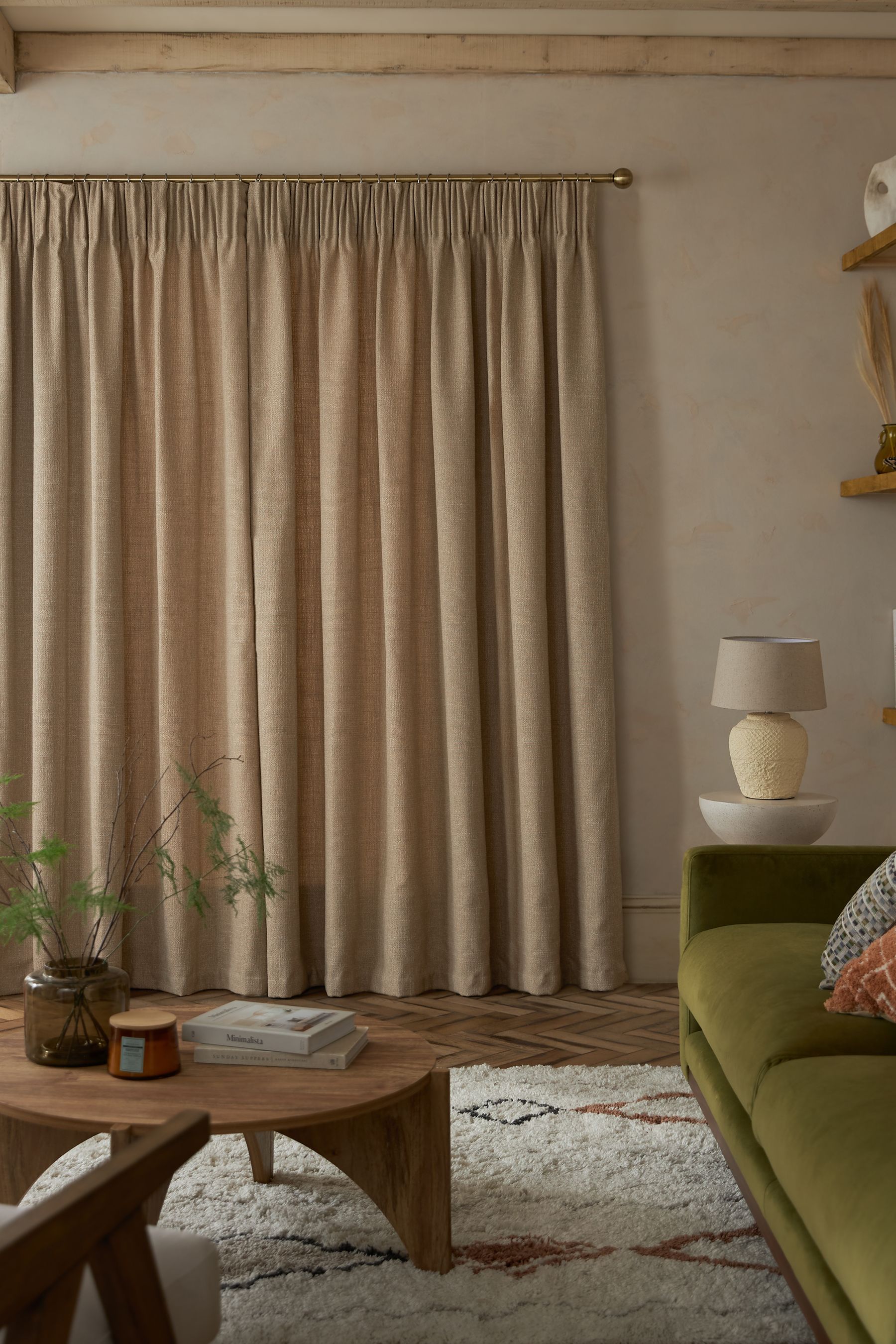 Dark Natural Textured Fleck Lined Pencil Pleat Curtains