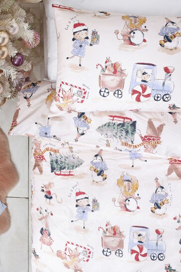 Natural Christmas Watercolour Print 100% Cotton Duvet Cover and Pillowcase Set
