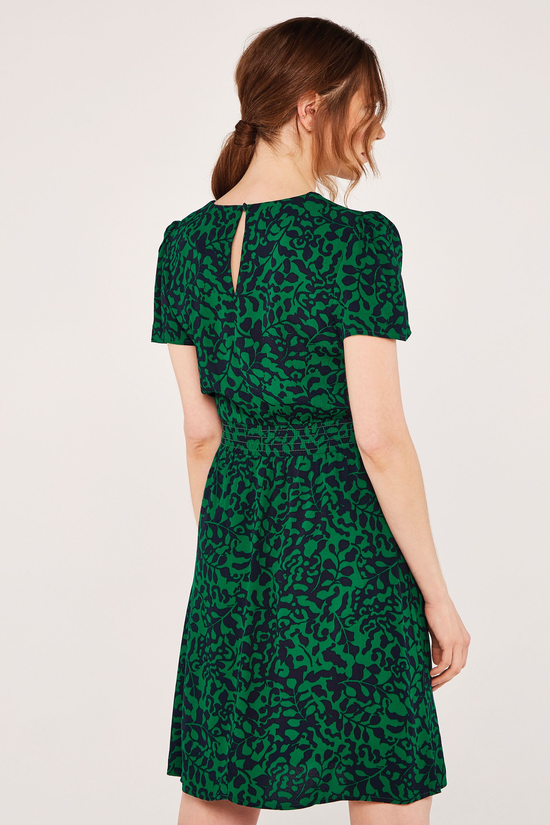Buy Apricot Green Leaf Silhouette Shirred Waist Dress from the