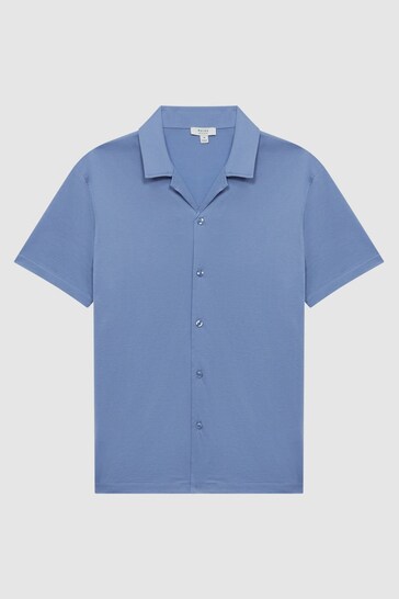 Reiss Sea Blue Caspa Mercerised Jersey Cuban Collar Shirt