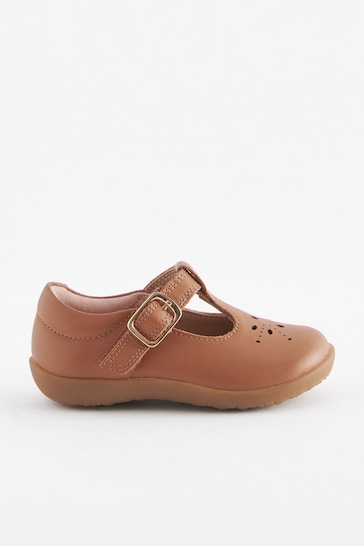 Tan Brown Leather Wide Fit (G) First Walker T-Bar Shoes