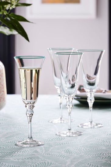 Nina Campbell Set of 4 Green Rim Meadow Champagne Flute Glasses