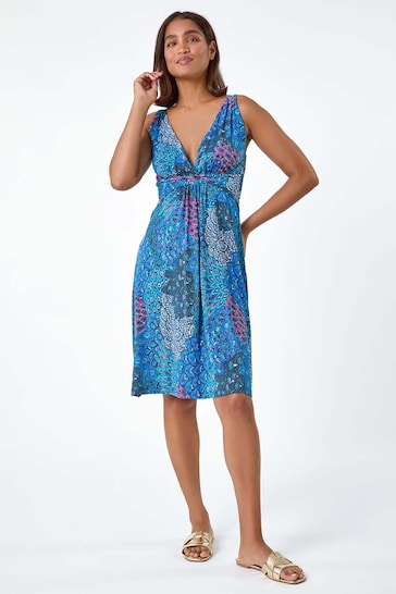 Roman Blue Abstract Floral Stretch Jersey Dress