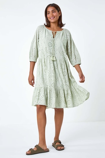 Roman Green Cotton Broderie Tiered Smock Dress