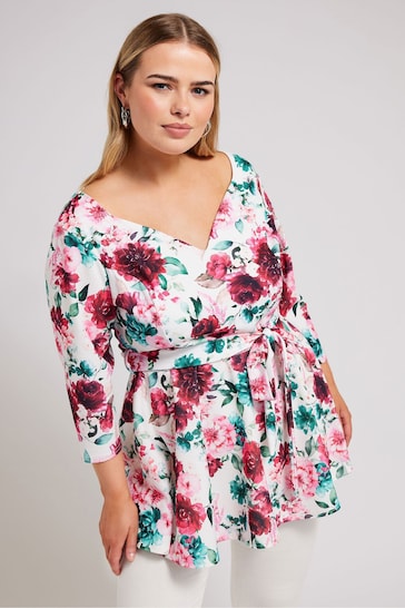 Yours Curve White Floral Long Sleeve Sweetheart Peplum Top