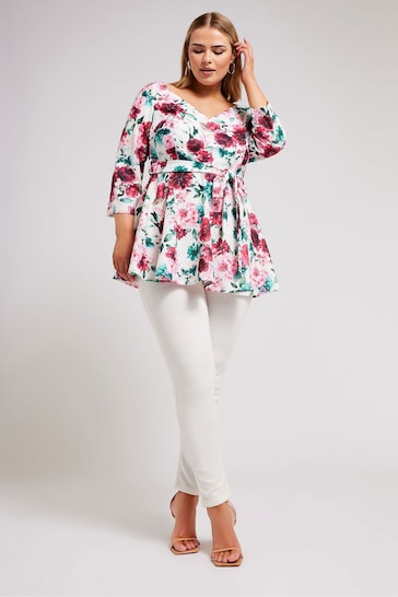 Yours Curve White Floral Long Sleeve Sweetheart Peplum Top