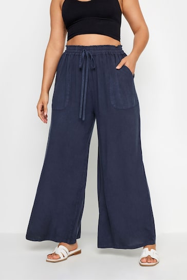 Yours Curve Blue Light Chambray Wide Leg Pull-Ons Trousers