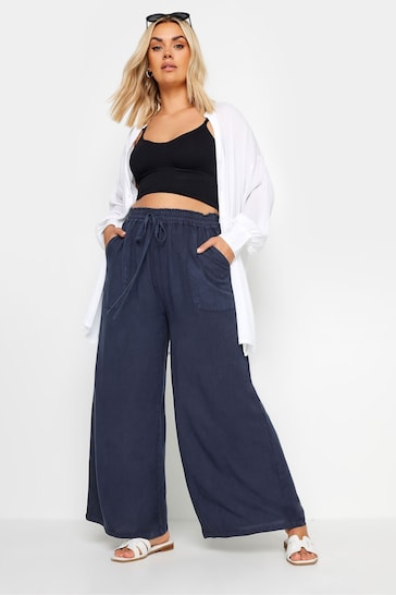 Yours Curve Blue Light Chambray Wide Leg Pull-Ons Trousers