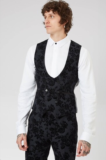 Twisted Tailor Black Skinny Fit Fleet Floral Tuxedo Waiscoat