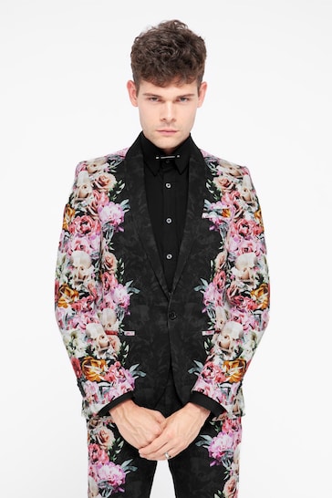 Twisted Tailor Black Skinny Fit Ikeda Cotton Floral Jacket