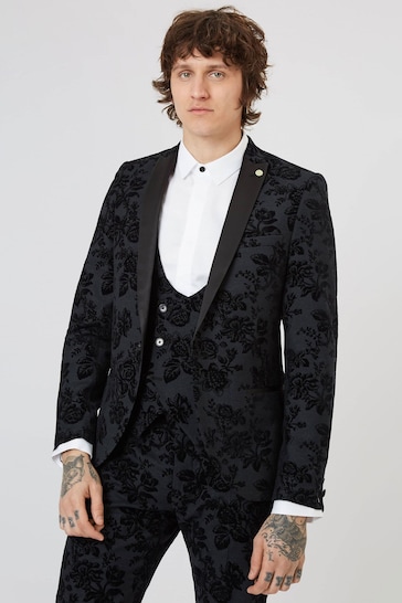Twisted Tailor Black Skinny Fit Fleet Floral Tuxedo Jacket