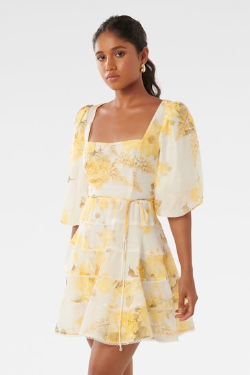 Forever New Gold Esmie Petite Tiered Floral Skater Dress with a touch of Linen