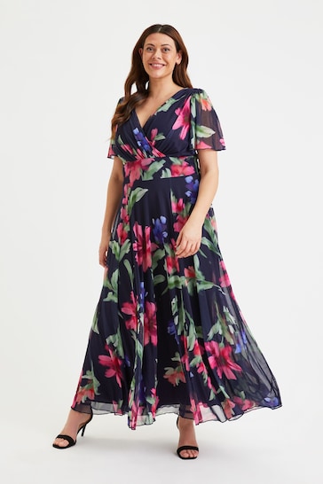 Scarlett & Jo Navy Blue & Pink Floral Isabelle Angel Sleeve Maxi Dress