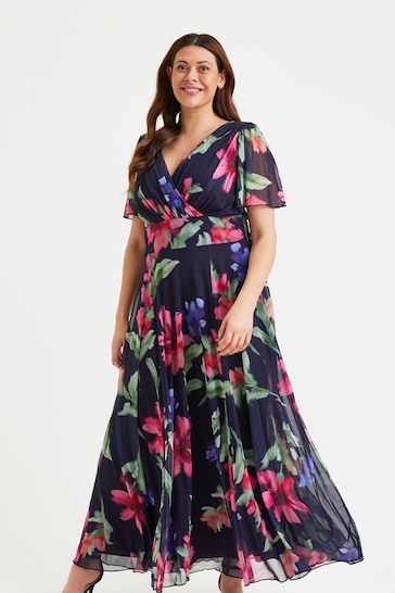 Scarlett & Jo Navy Blue & Pink Floral Isabelle Angel Sleeve Maxi Dress
