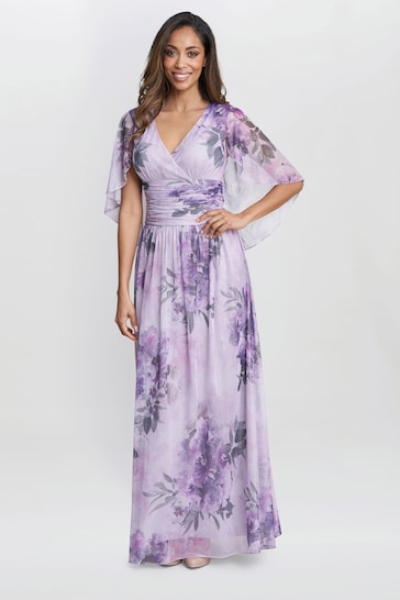 Gina Bacconi Pink Caroline Printed Maxi Dress With Overlay Sleeves