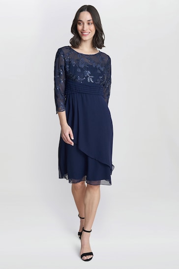 Gina Bacconi Thandie Petite Blue Embroidered Bodice Dress With Pleated Waist