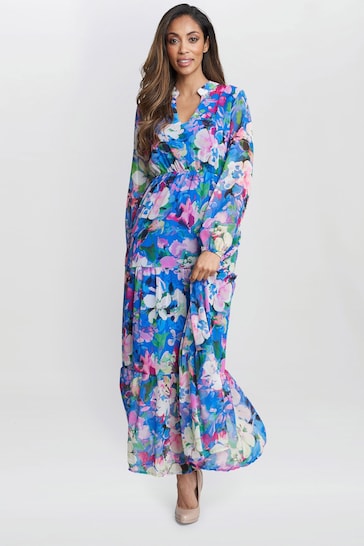 Gina Bacconi Blue Iona Print Stand Collar Dress