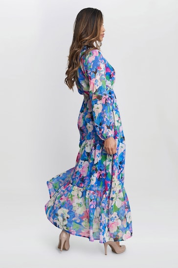 Gina Bacconi Blue Iona Print Stand Collar Dress