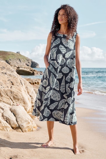 Seasalt Cornwall Blue Cresting Waves Sleeveless Linen Dress