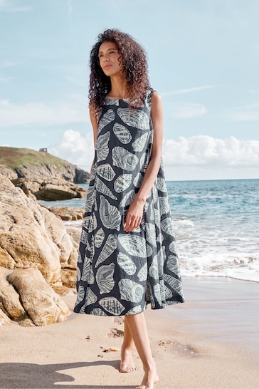 Seasalt Cornwall Blue Cresting Waves Sleeveless Linen Dress