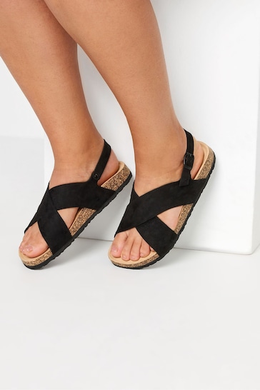 Yours Curve Black Cross Strap Sandals In Extra Wide Eee Fit