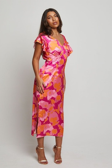 Chi Chi London Pink V-Neck Ruffle Detail Abstract Print Midi Dress