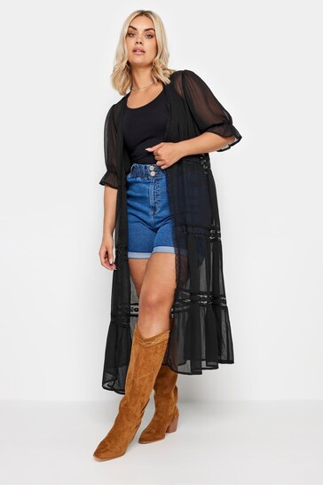 Yours Curve Black Limited Tiered Embroidered Trim Cover-Up