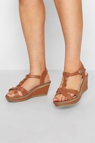 Yours Curve Brown Extra Wide Fit Comfort Cross Strap Plaited Wedges