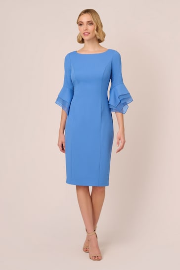 Adrianna Papell Blue Knit Crepe Tiered Sleeve Dress