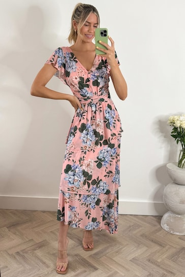 Jolie Moi Pink Floral Tiered Hem Ruffle Maxi Dress