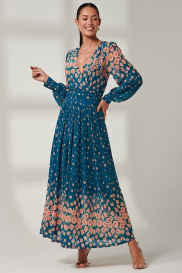 Jolie Moi Blue Blossom Long Sleeve Mesh Maxi Dress