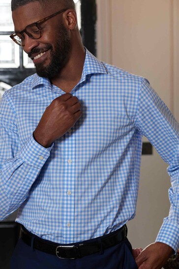 The Savile Row Company Slim Fit Blue Single Cuff Savile Row Check Shirt