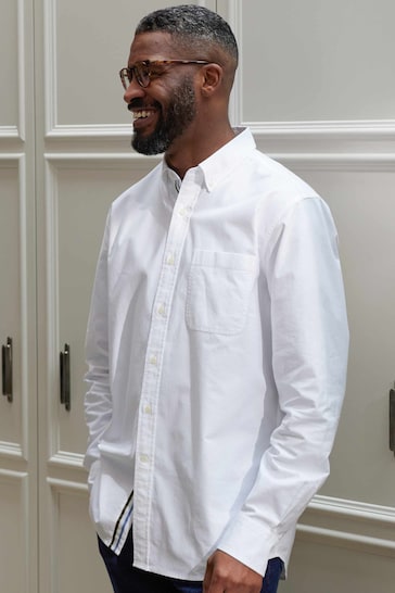 The Savile Row Company Stripe Placket Button Down Oxford White Shirt