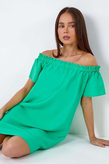 Roman Green Plain Stretch Neck Bardot Dress