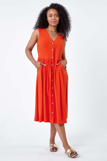 Roman Orange Linen Blend Pocket Button Midi Dress