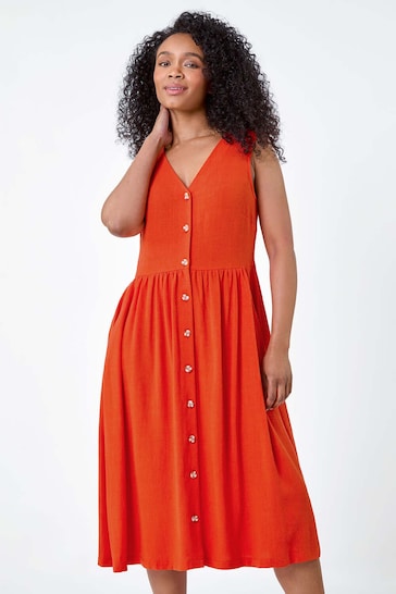 Roman Orange Linen Blend Pocket Button Midi Dress