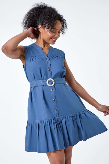 Roman Blue Belt Detail Frill Cotton Shirt Dress