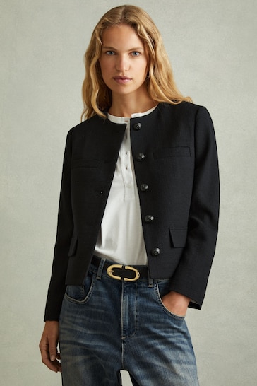 Reiss Black Nola Cropped Wool Single Breasted Jacket