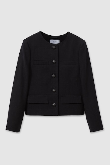 Reiss Black Nola Cropped Wool Single Breasted Jacket